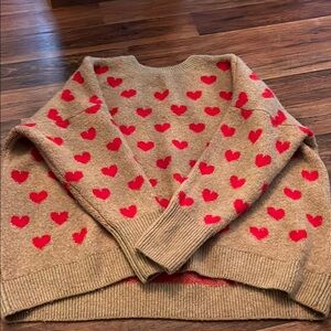 Vince Camuto Red and Tan Heart Knit Crew Neck Sweater